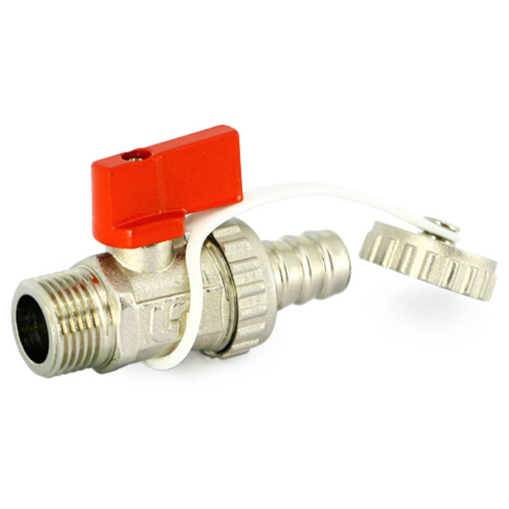 Кран шаровой сливной Uni-Fitt 1/2x3/4 НН со штуцером и заглушкой никель 1513054