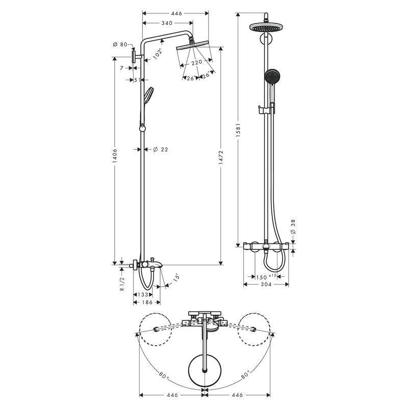 Душевая система Hansgrohe Croma 220 1jet Showerpipe с термостатом для ванны хром 27223000
