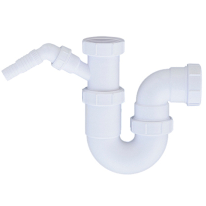 Сифон трубный Р-образный без выпуска (2х50мм) с адаптером под углом для слива бытовой техники; выхо