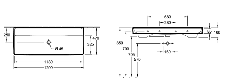 Раковина Villeroy & Boch Collaro 1200x470 мм подвесная/накладная без отверстия для смесителя без перелива альпийский белый CeramicPlus 4A33C3R1