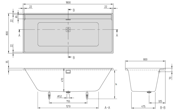 Ванна Villeroy & Boch Collaro 1800x800 мм встраиваемая/пристенная цвет альпийский белый/чёрный матовый UBA180COR2NV01
