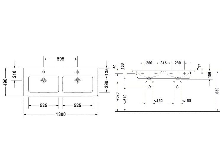 Раковина двойная Duravit ME by Starck 1300x490 мм с 2 отверстиями для смесителя цвет белый 2336130000