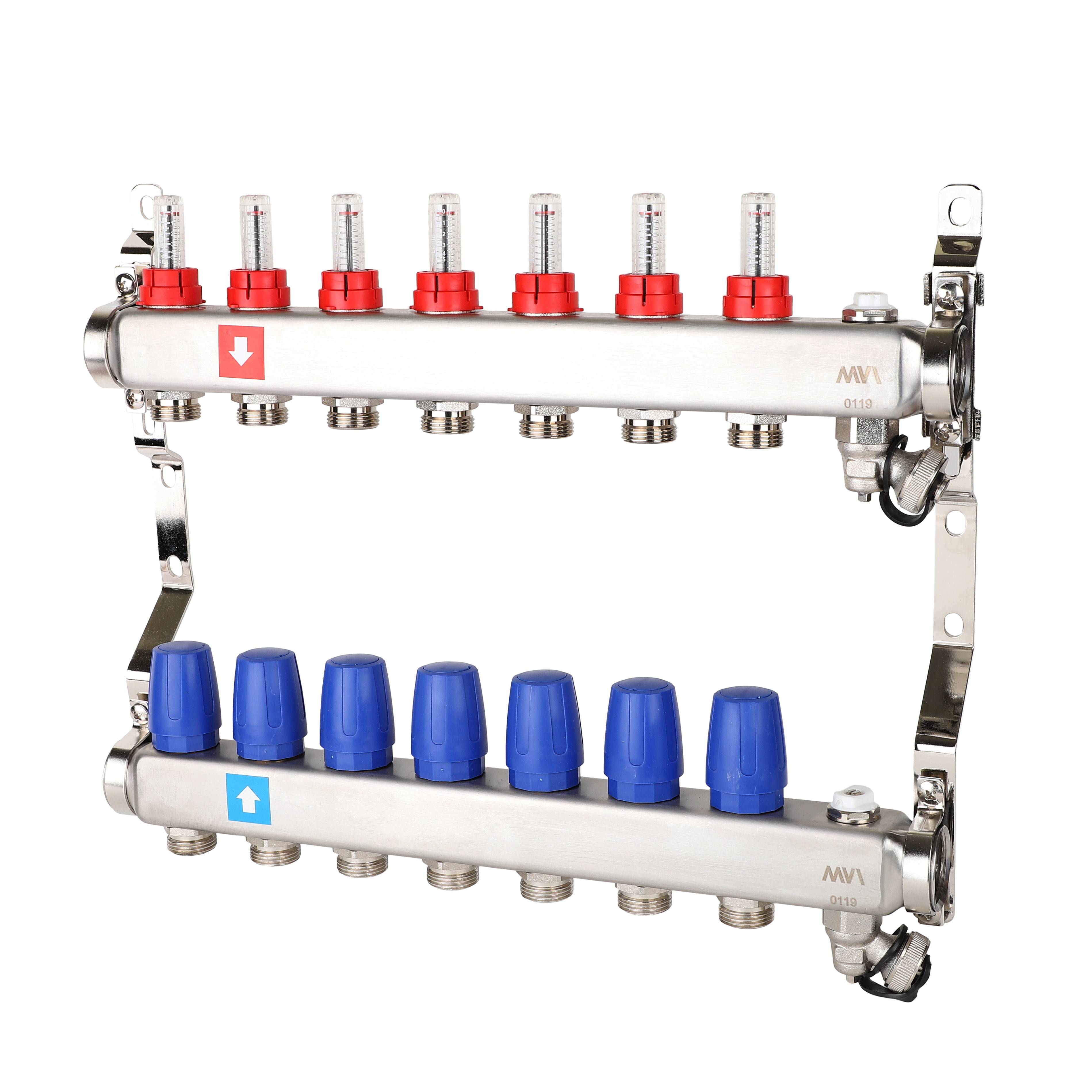 Коллекторная группа с расходомерами, дренажным краном и краном Маевского Aqualink 7 выходов AMS.707.06