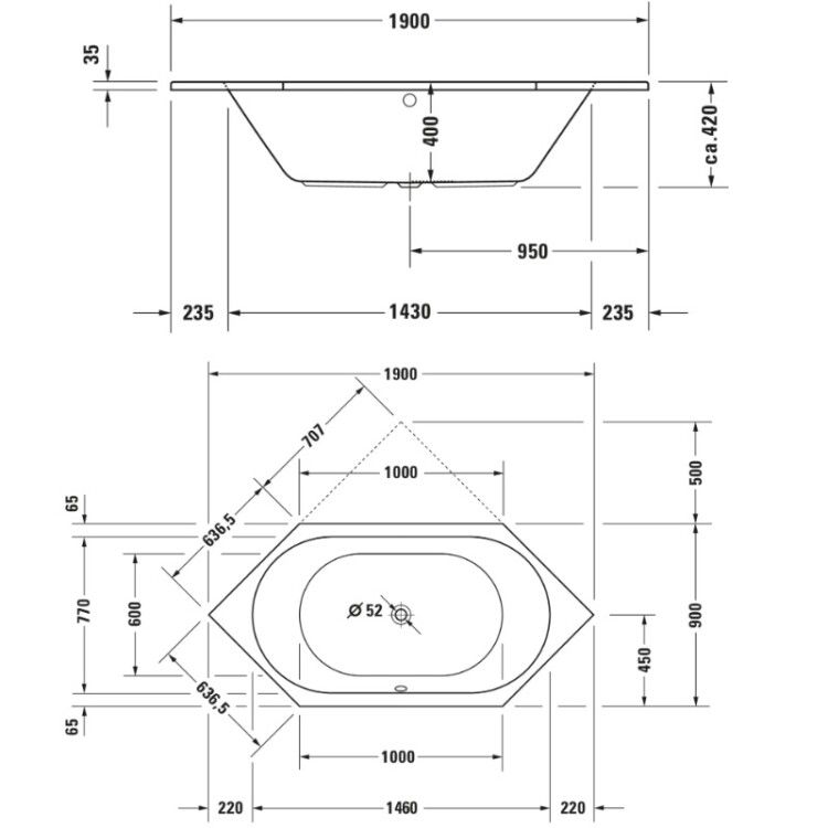 Ванна Duravit D-Code 1900x900x420 мм встраиваемая цвет белый 700138000000000