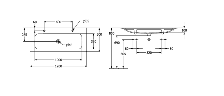 Раковина Villeroy & Boch Finion 1200x500 мм для 2-х смесителей камень белый 4164C1RW
