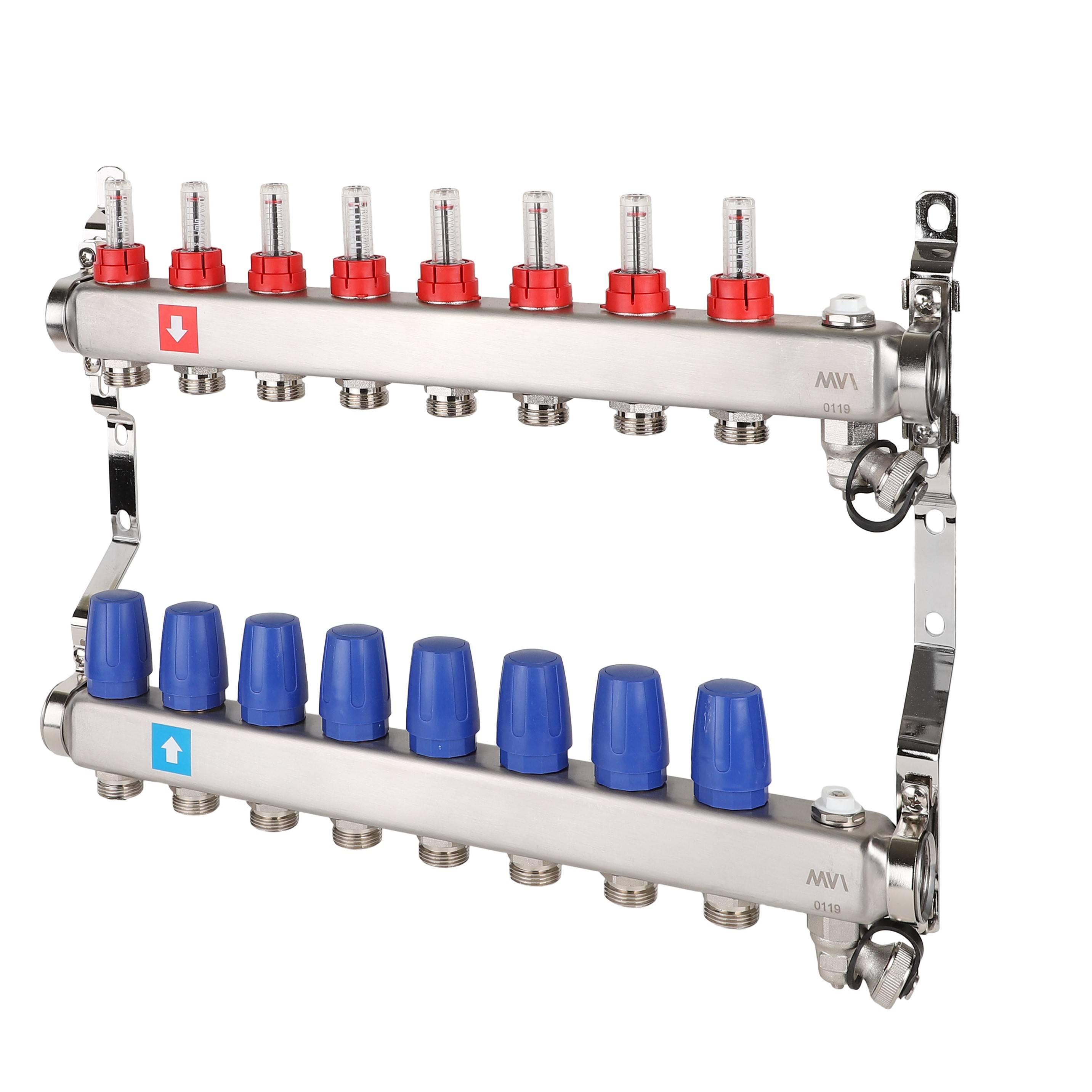 Коллекторная группа с расходомерами, дренажным краном и краном Маевского Aqualink 8 выходов AMS.708.06