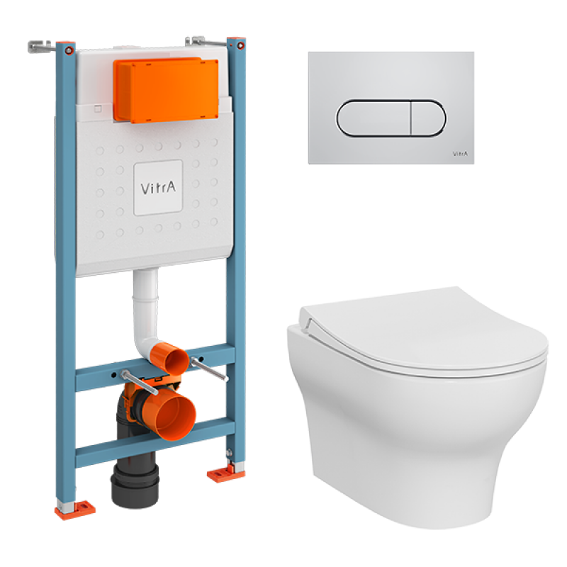 Комплект 4 в 1 VitrA Zentrum Round: подвесной безободковый унитаз, сиденье микролифт, инсталляция, панель смыва хром 9879B003-7200