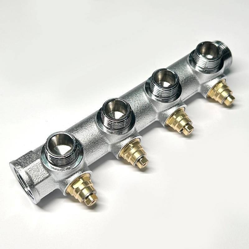 Коллектор распределительный Uni-Fitt 3/4 НВ 4 выхода 1/2 45 мм с вентилями под 90 градусов хромированный 414C3240