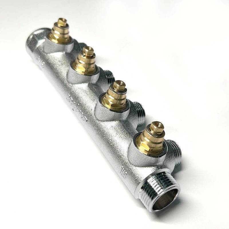 Коллектор распределительный Uni-Fitt 3/4 НВ 4 выхода 1/2 45 мм с вентилями под 90 градусов хромированный 414C3240