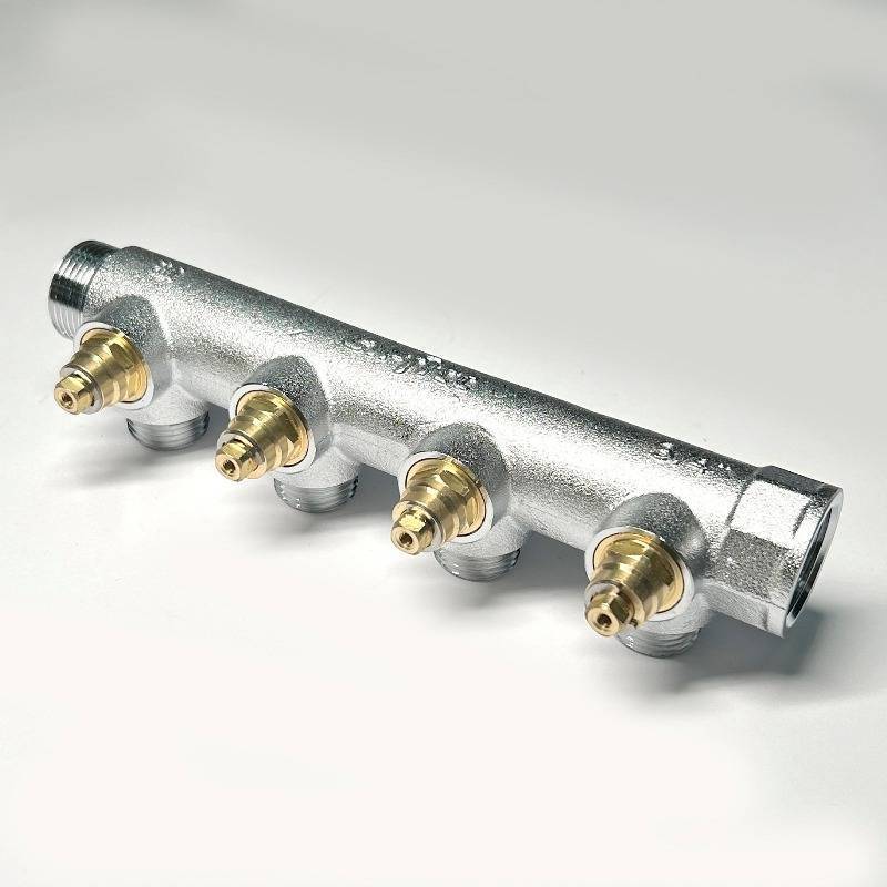 Коллектор распределительный Uni-Fitt 3/4 НВ 4 выхода 1/2 45 мм с вентилями под 90 градусов хромированный 414C3240