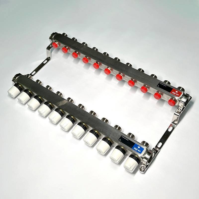 Коллекторная группа STOUT 1 x 11 выходов 3/4 с балансировочными и термостатическими вентилями без концевых групп нержавеющая сталь 451W4311