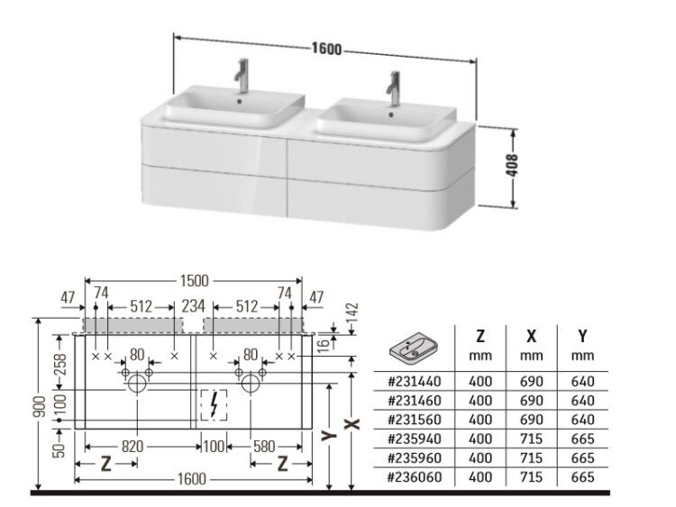Тумба под раковину Duravit Happy D.2 Plus 1600x550x408 мм подвесная белый глянцевый HP4974B2222