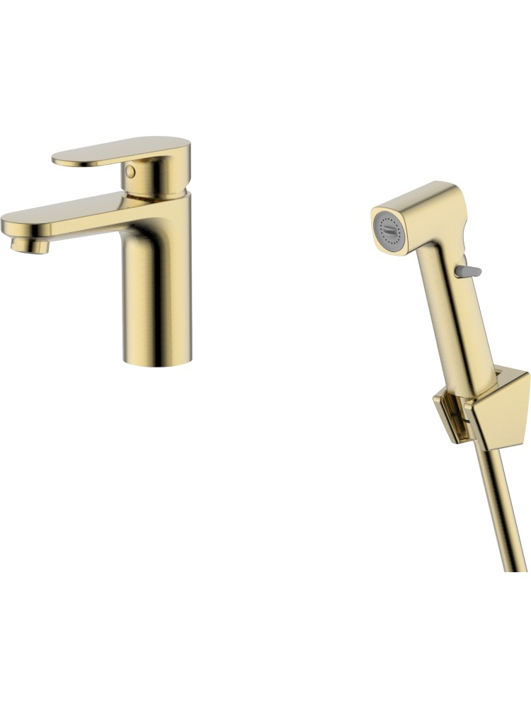 Смеситель для раковины Aquanet Ника с гигиеническим душем шлифованное золото AQ1812BG