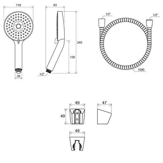 Душевой набор RAVAK Flat M лейка 3 режима шланг 150 см держатель 903.00 X07S006