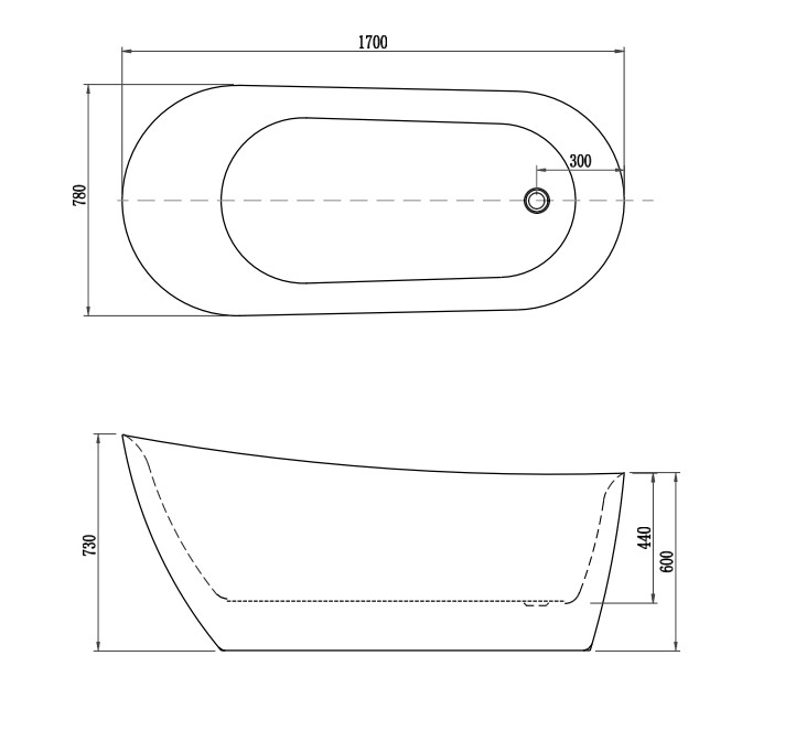 Ванна акриловая отдельностоящая Aquanet ЛАГУНА 1700x780x710 мм со сливом и ножками AQ-K133778Wt