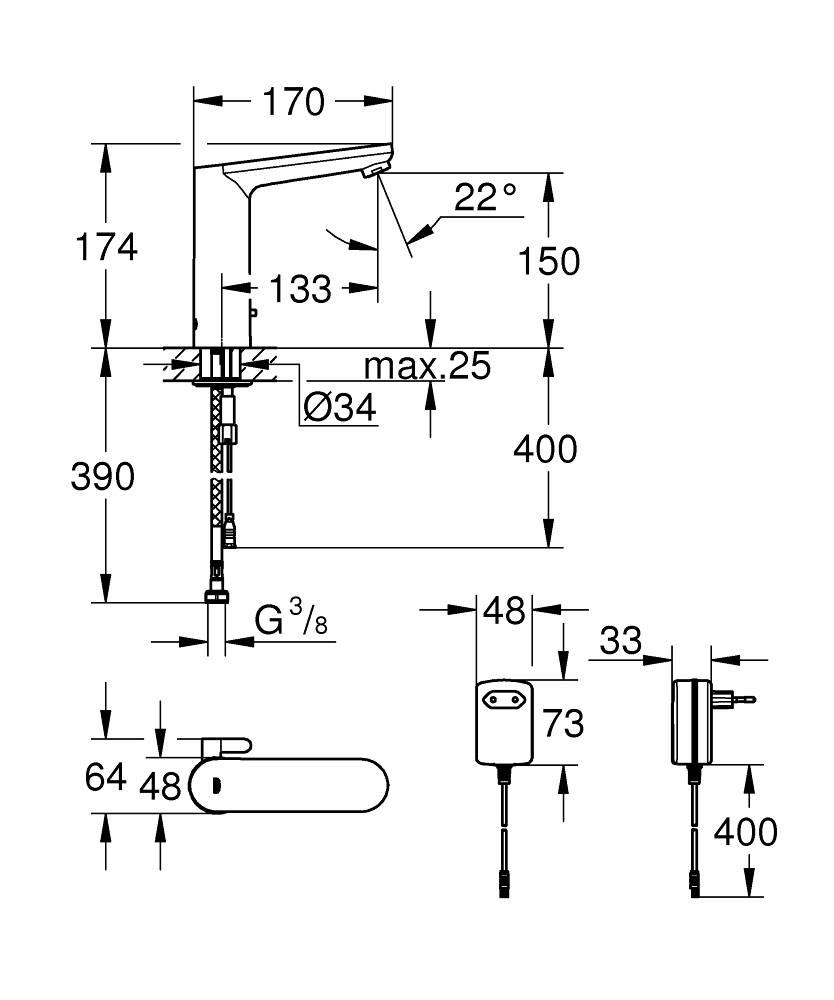 Смеситель инфракрасный для раковины GROHE Eurosmart Cosmopolitan E L-Size 230 В хром 36421000