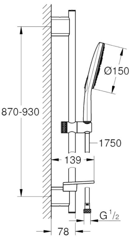 Душевой гарнитур GROHE Rainshower SmartActive 150 штанга 900 мм шланг 1750 мм хром 26594000