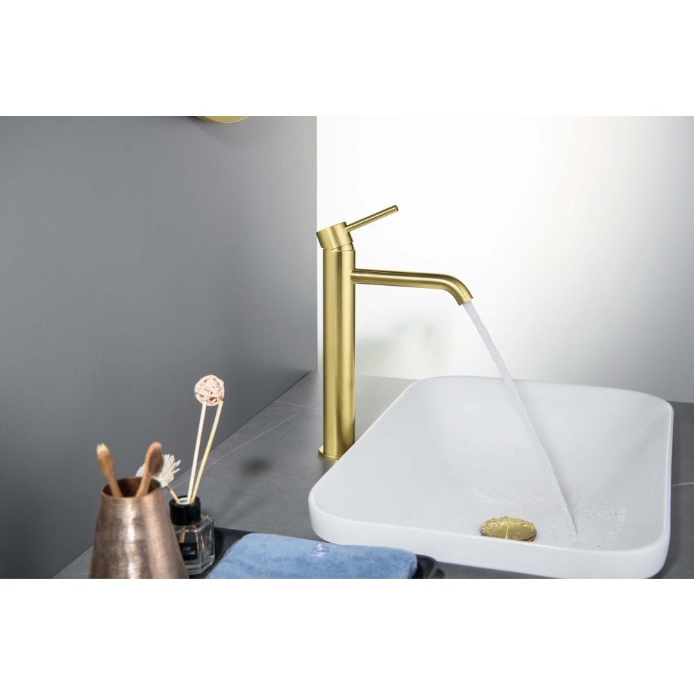 Смеситель для раковины высокий Aquanet Europa 215 мм без донного клапана шлифованное золото AQ1304BG