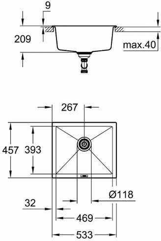 Мойка кухонная композитная GROHE K700 под столешницу 533x457 мм черный гранит 31654AP0