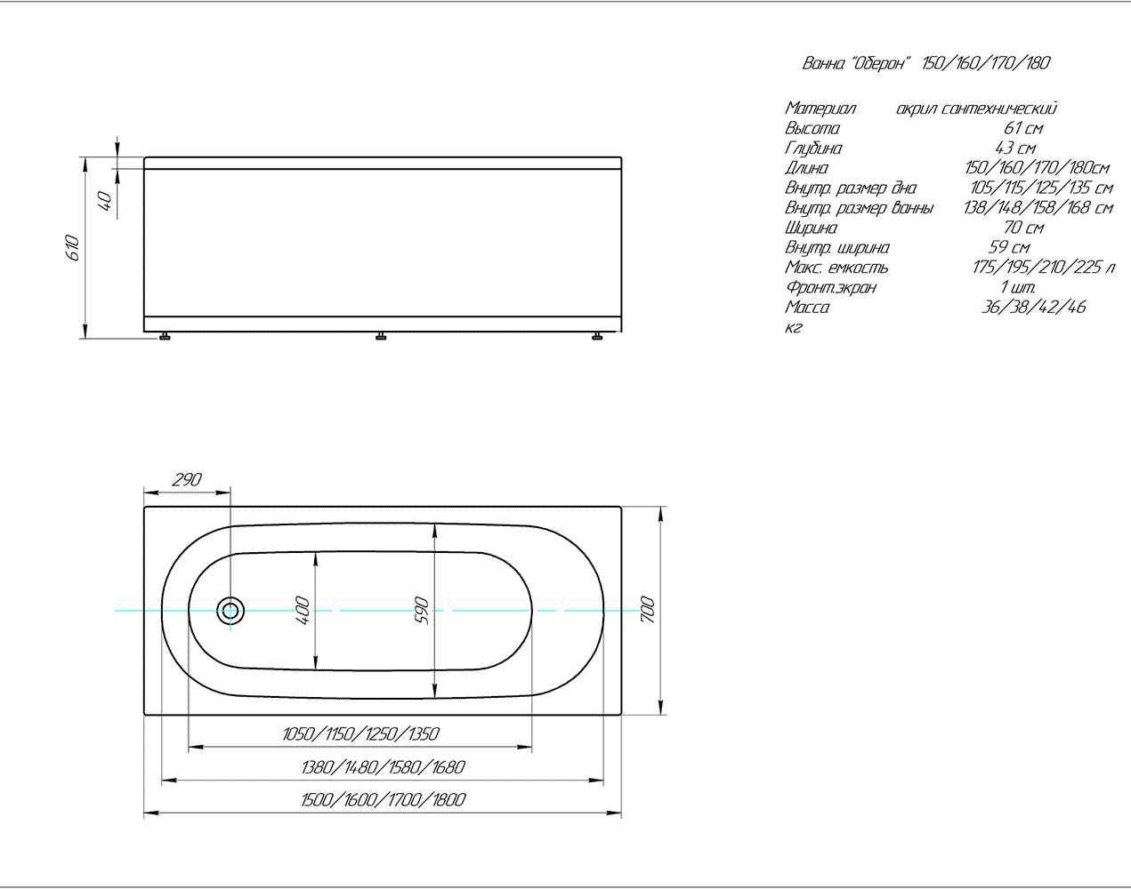 Ванна акриловая Triton Оберон 150х70 см с экраном слив слева OBR150-0000002