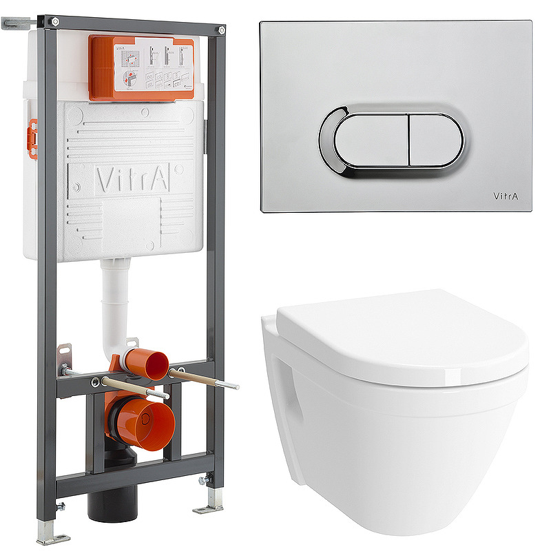 Комплект инсталляции с подвесным унитазом VitrA S50 Rim-Ex сиденье микролифт и панель смыва хром 9003B003-7201