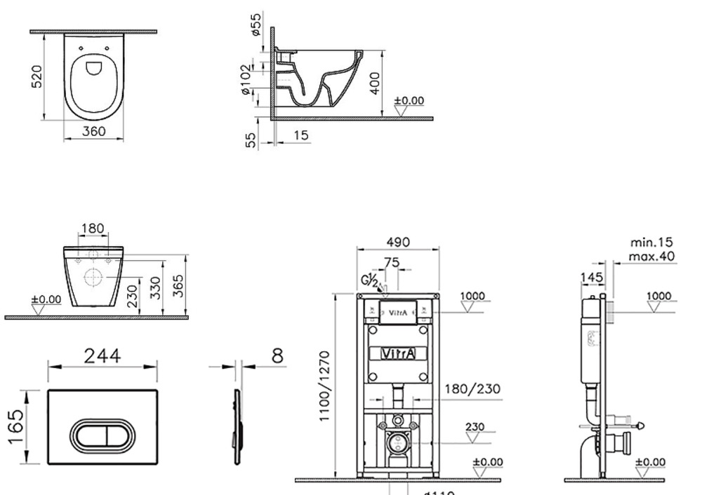 Комплект инсталляции с подвесным унитазом VitrA S50 Rim-Ex сиденье микролифт и панель смыва хром 9003B003-7201