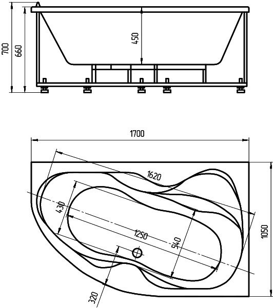 Ванна акриловая Aquatek Вега 170 правая с фронтальным экраном VEG170-0000083