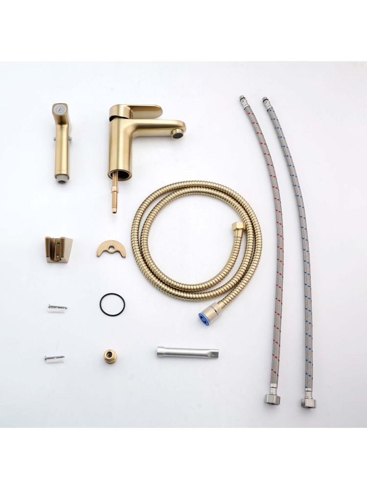 Смеситель для раковины Aquanet Ника с гигиеническим душем шлифованное золото AQ1812BG