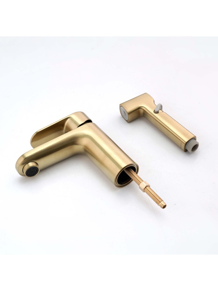 Смеситель для раковины Aquanet Ника с гигиеническим душем шлифованное золото AQ1812BG