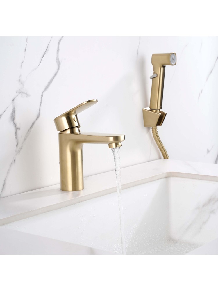 Смеситель для раковины Aquanet Ника с гигиеническим душем шлифованное золото AQ1812BG