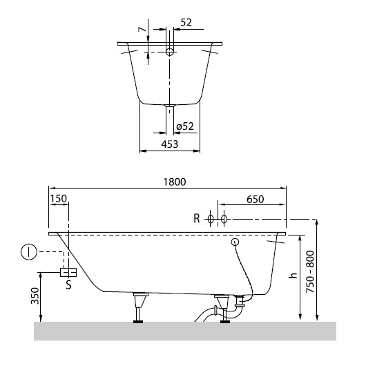 Ванна квариловая Villeroy & Boch Oberon Solo 180x80 см с ножками белая UBQ180OBE2V-01