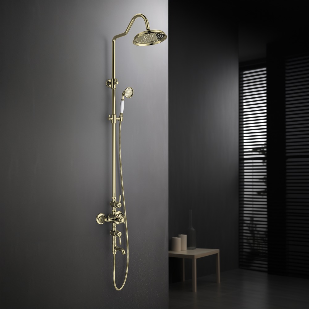 Душевая система Aquanet Классик AQ2543PG термостатическая с изливом 220 мм полированное золото AQ2543PG