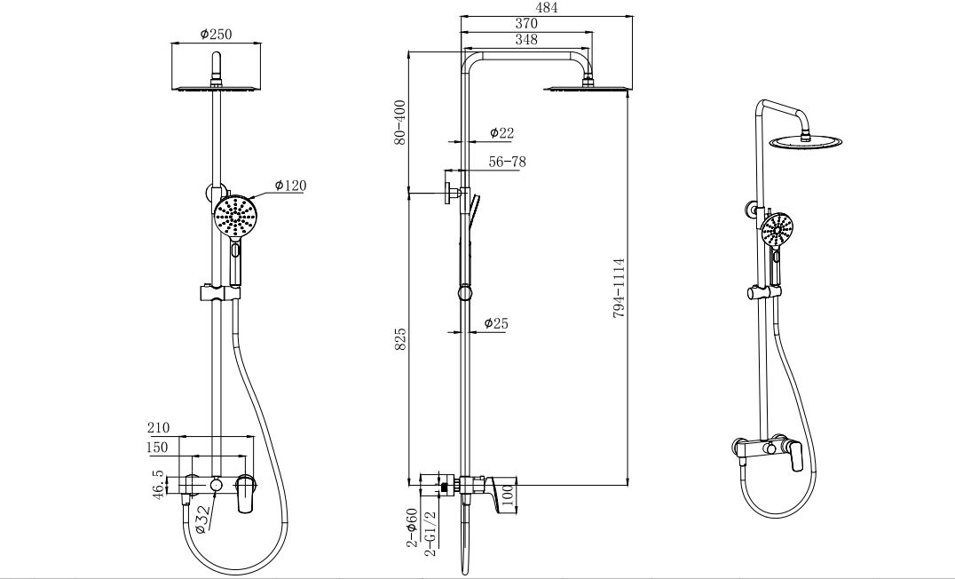 Душевая система со смесителем для душа Aquanet Вега 3jet 250 мм хром AQ2060CR