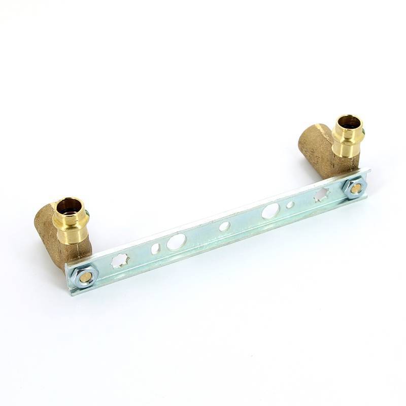 Водорозетка пресс двойная на рельефной планке Viega Sanpress 15х1/2 ВР межосевое расстояние 150 мм 124502