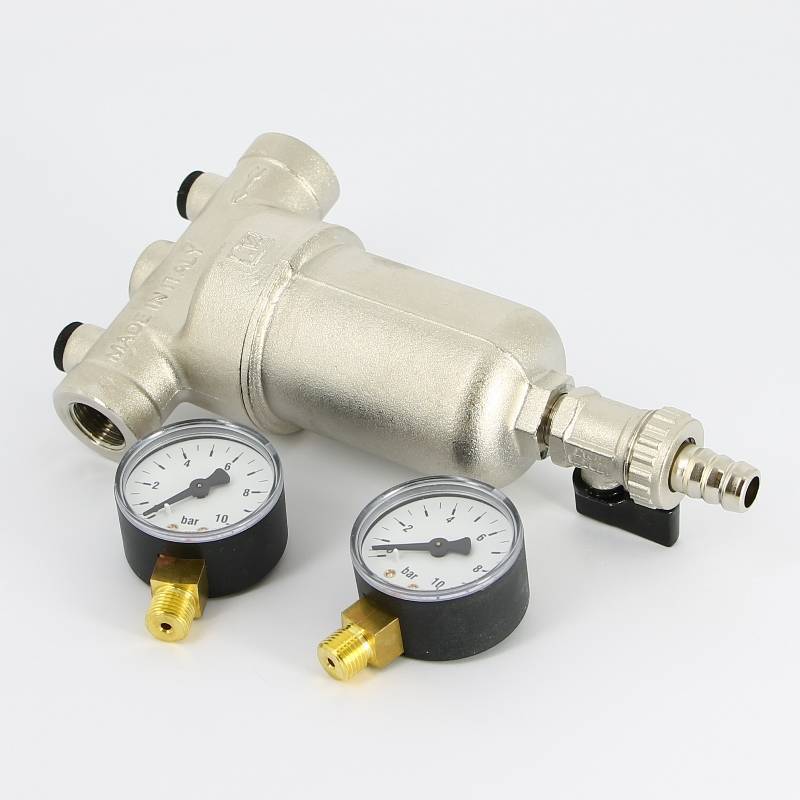 Фильтр промывной Uni-Fitt ВВ 1/2 со сливным краном и 2 манометрами 300 мкм никелированный 216N2030