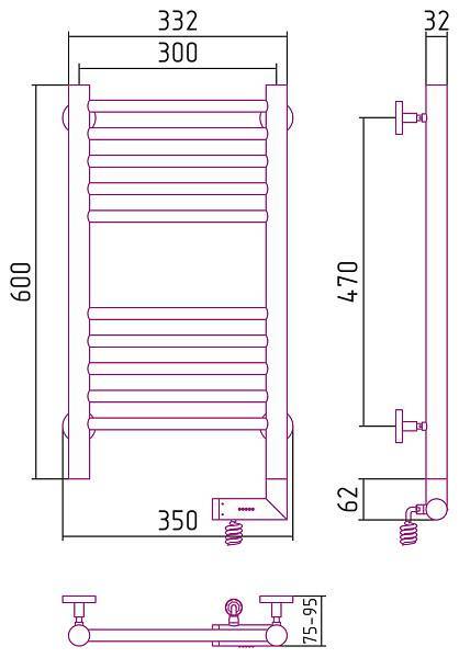 Полотенцесушитель электрический Сунержа Богема 2.0 300x600 мм правый без покрытия 00-5205-6030