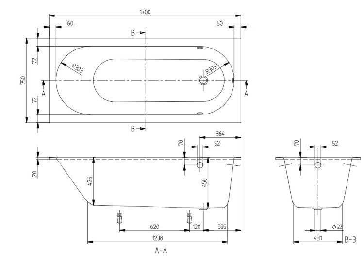 Ванна Villeroy & Boch Oberon 1700x750x450 мм Stone White UBQ170OBE2VRW