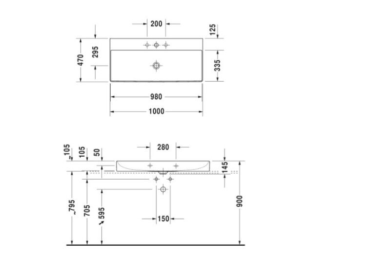 Раковина Duravit DuraSquare 1000x470 мм без отверстий для смесителя 2353100079