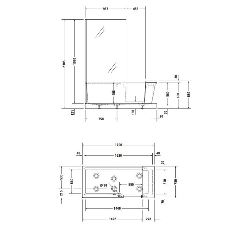 Ванна комбинированная Duravit Shower + Bath 170x75 см с дверцей угол слева 700403000000000