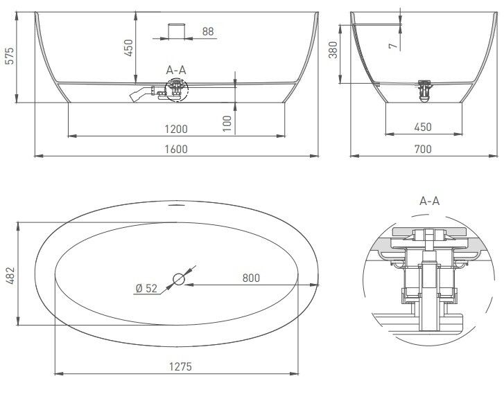 Ванна Salini ALDA Nuova 1600x700x575 мм отдельностоящая матовый RAL9011 101924MFRAL9011matt
