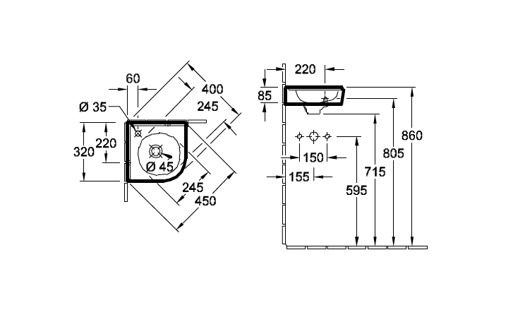 Раковина Villeroy & Boch O.Novo 450x320 мм подвесная 73103301