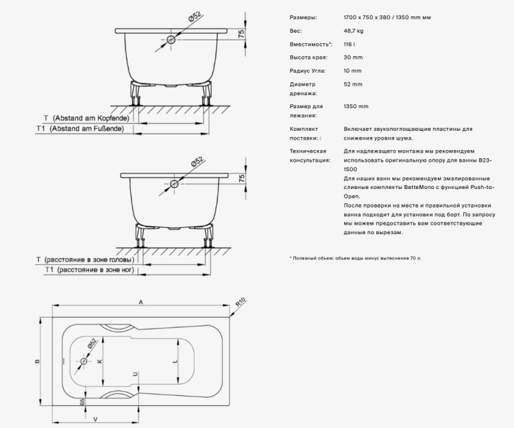Ванна Bette BetteSet 1700x750 мм BetteGlasur® Plus белая 3060000PLUS