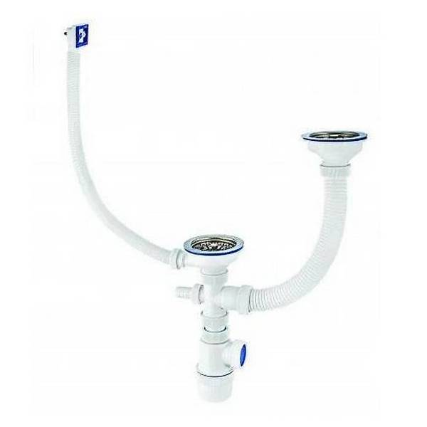 Сифон для двойной мойки Wirquin Элит 1 1/2 х 40 мм чашки 114 мм с отводом и прямоугольным переливом 30986154