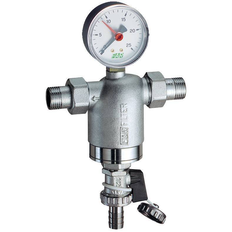 Фильтр промывной FAR 1/2 НР 100 мкм 25 бар с манометром FA 3944 12100