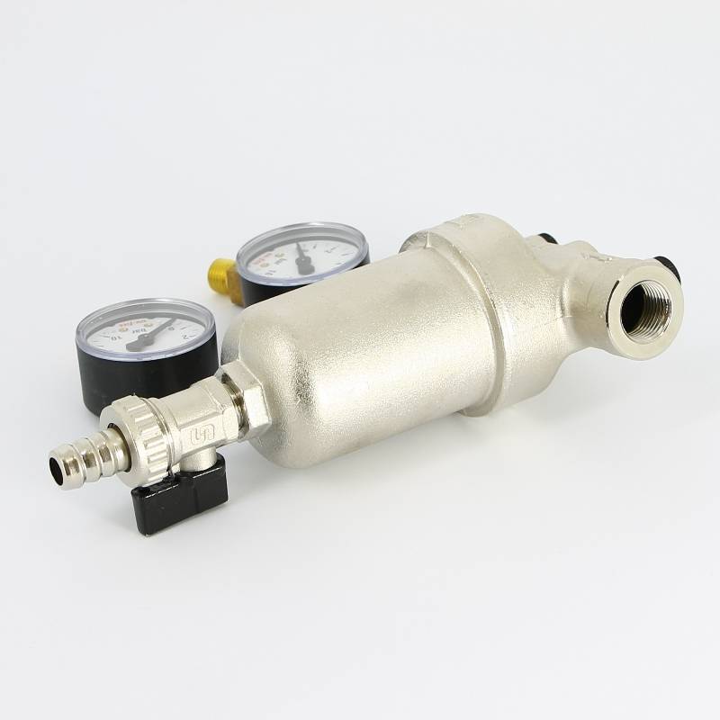 Фильтр промывной Uni-Fitt ВВ 1/2 со сливным краном и 2 манометрами 300 мкм никелированный 216N2030