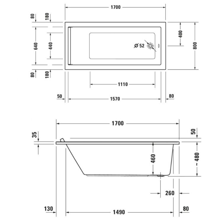 Ванна встраиваемая Duravit Starck 1700x800x480 мм акриловая белая 700336000000000