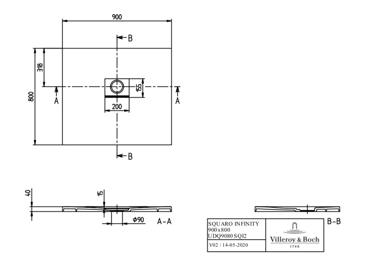 Душевой поддон Villeroy & Boch Squaro Infinity 900x800x40 мм цвет Anthracite UDQ9080SQI2V1S