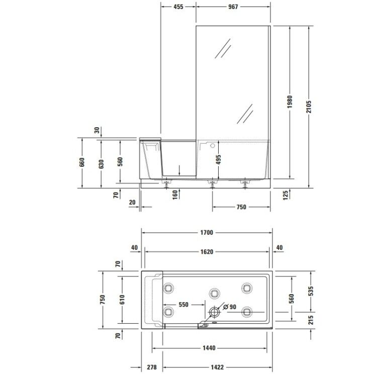 Ванна Duravit Shower + Bath 1700x750 мм с дверцей справа белая матовая 700455000000000