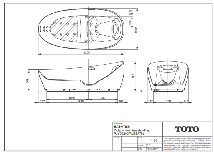 Гидромассажная ванна TOTO Neorest Flotation Tub 2200x1050x780 мм HYDROHANDS PJYD2200PWEETBL