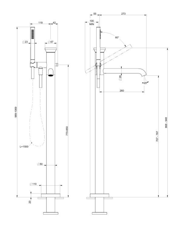 Смеситель для ванны и душа Gessi Origini напольный цвет Nickel PVD 66028720